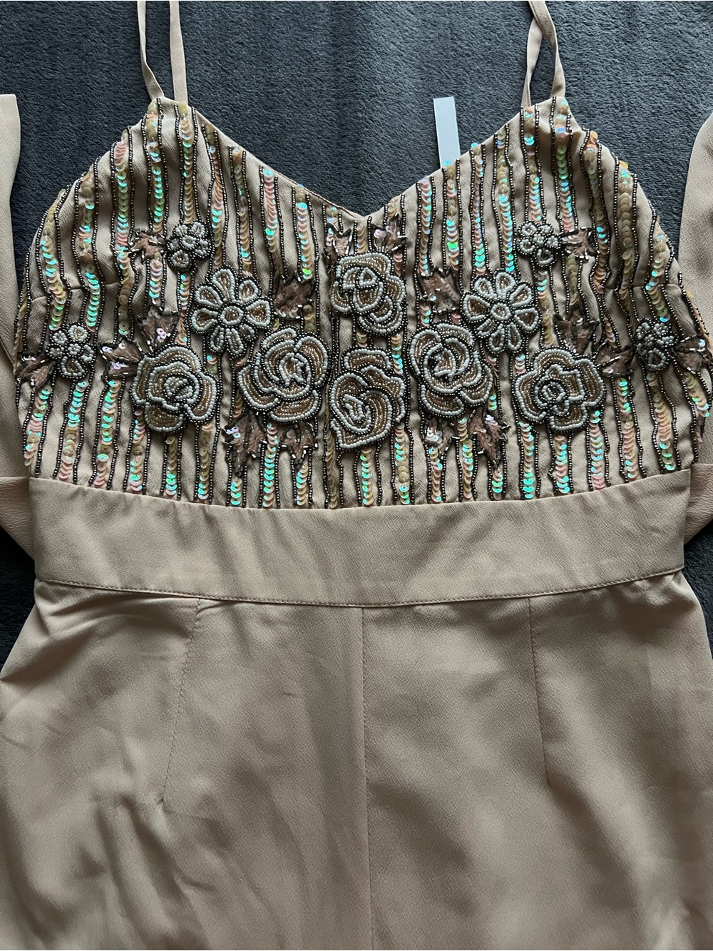 ASOS Taupe Beaded Floral Bodice Spaghetti-Strap Jumpsuit
